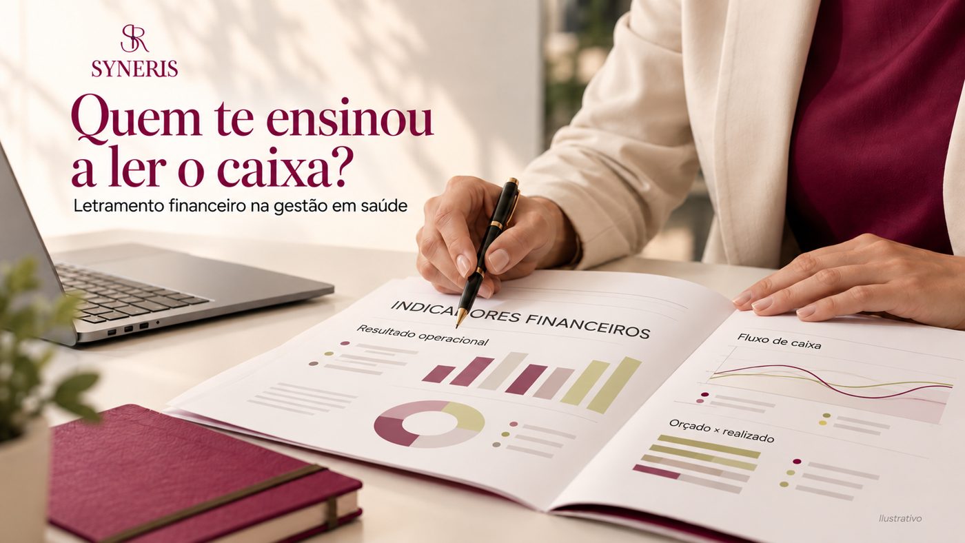 Mãos de uma gestora apontando com caneta para um relatório de indicadores financeiros: resultado operacional, fluxo de caixa e orçado versus realizado.