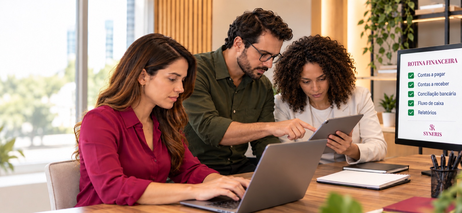 Três profissionais trabalhando em notebook e tablet, com um monitor ao lado mostrando a rotina financeira: contas a pagar e a receber, conciliação bancária, fluxo de caixa e relatórios.