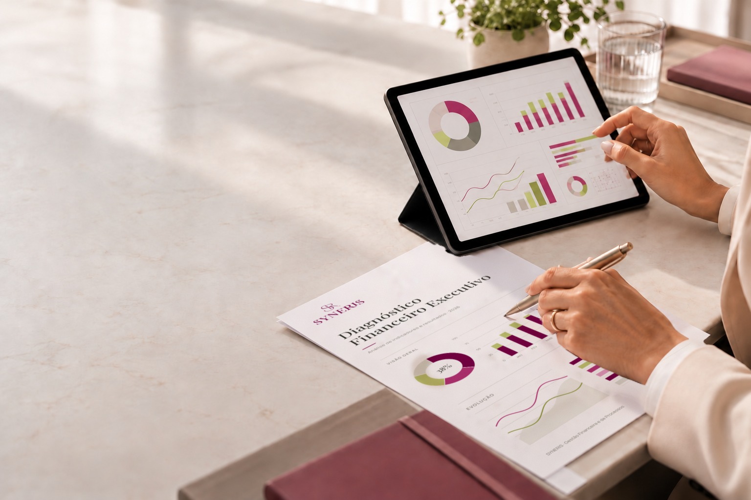 Mãos de uma gestora analisando o relatório do Diagnóstico Financeiro Executivo e gráficos em um tablet.